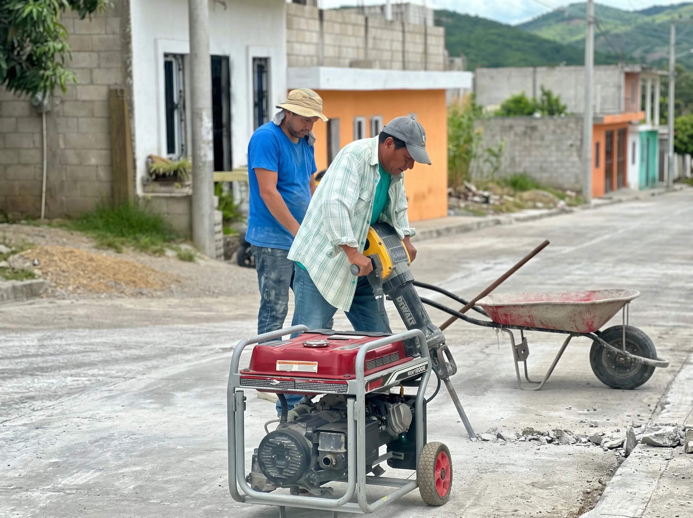 Trabajadores rompiendo pavimento con martillo demoledor y generador