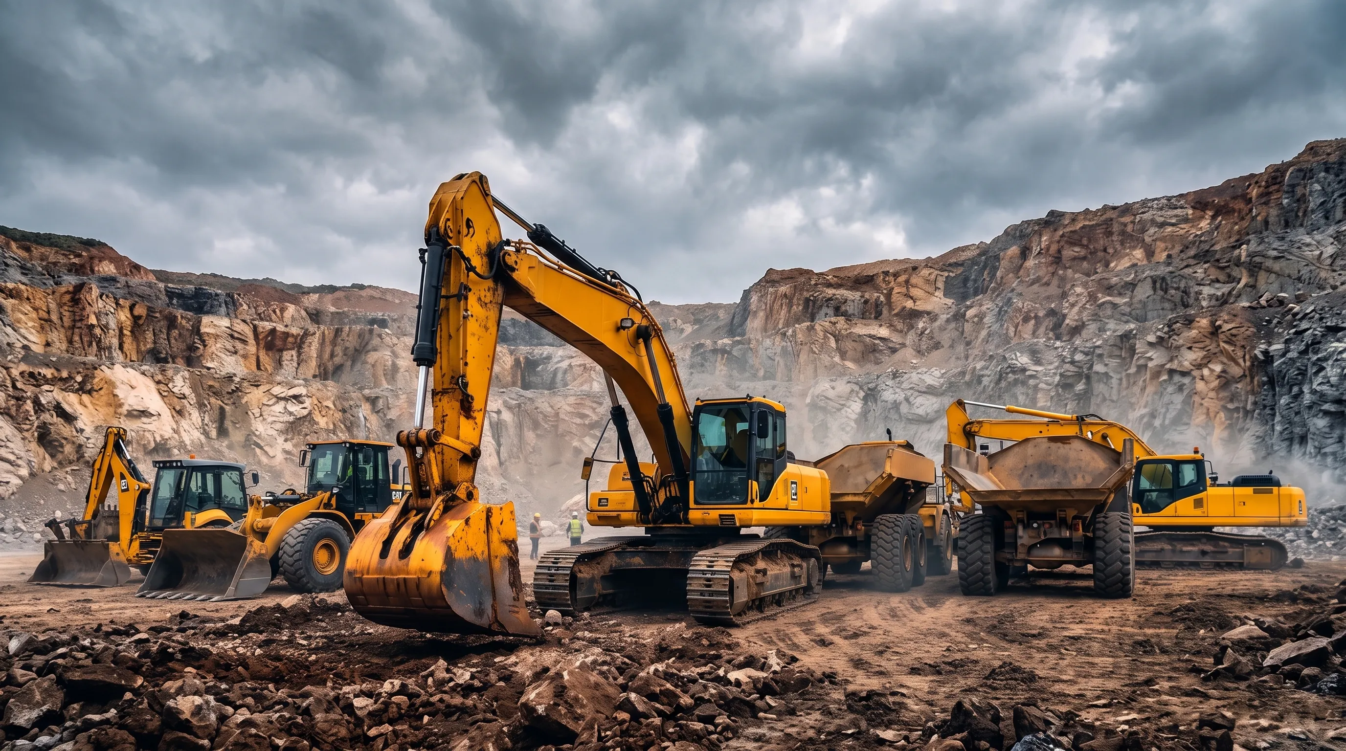 Excavadora y camiones de volteo trabajando en una obra