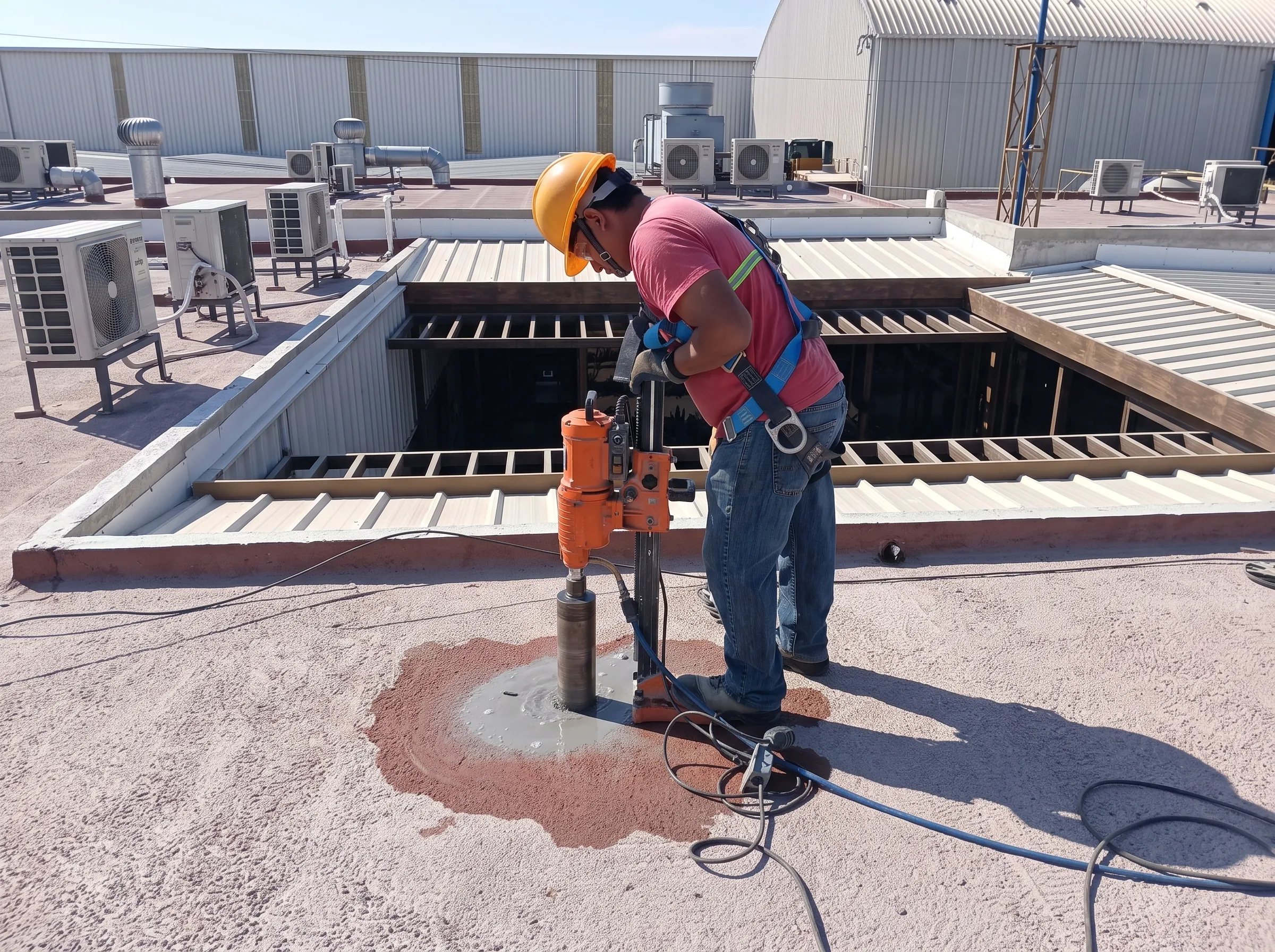 Perforadora de nucleos extrayendo un testigo de concreto en un techo
