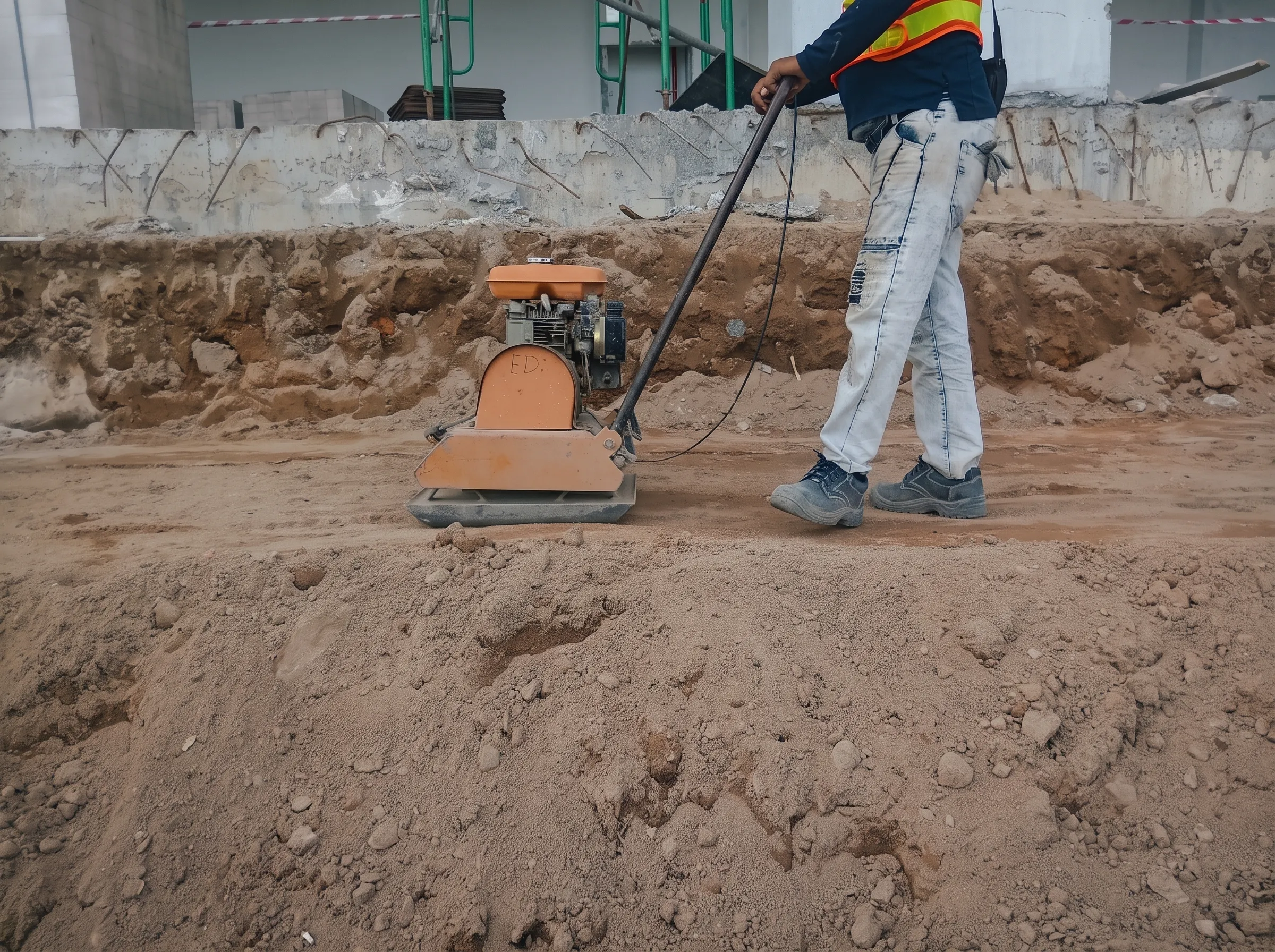 Trabajador operando una placa compactadora sobre suelo